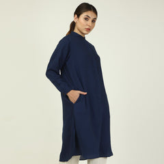 Florence Mandarin Collar Long Shirt - Navy Blue
