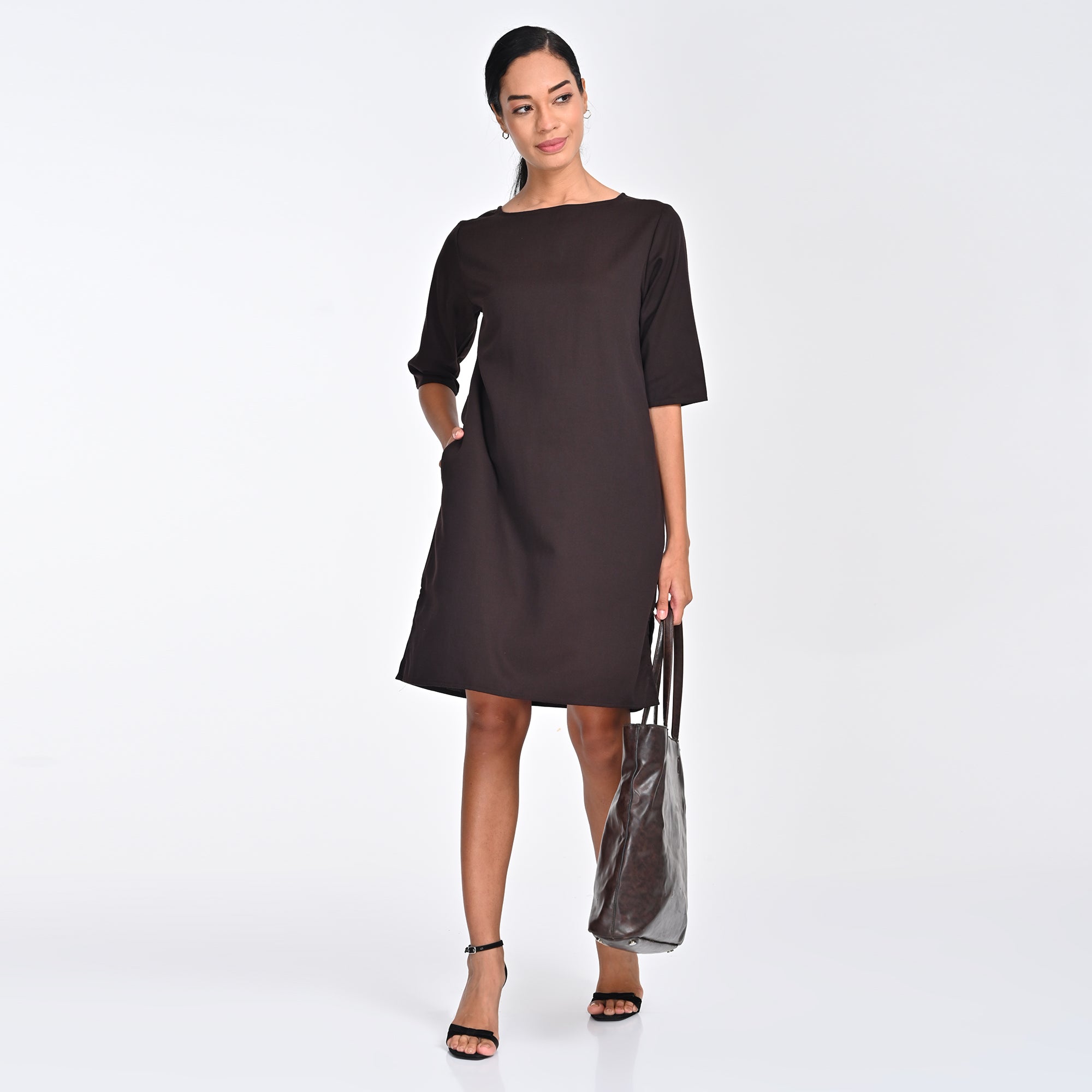 Saltpetre Women Boat Neck Full Sleeve Midi Dress In Natural Brown For Formal Or Casual Wear - Organic Cotton Saltpetre Women Boat Neck Full Sleeve Midi Dress In Natural Brown For Formal Or Casual Wear - Organic Cotton