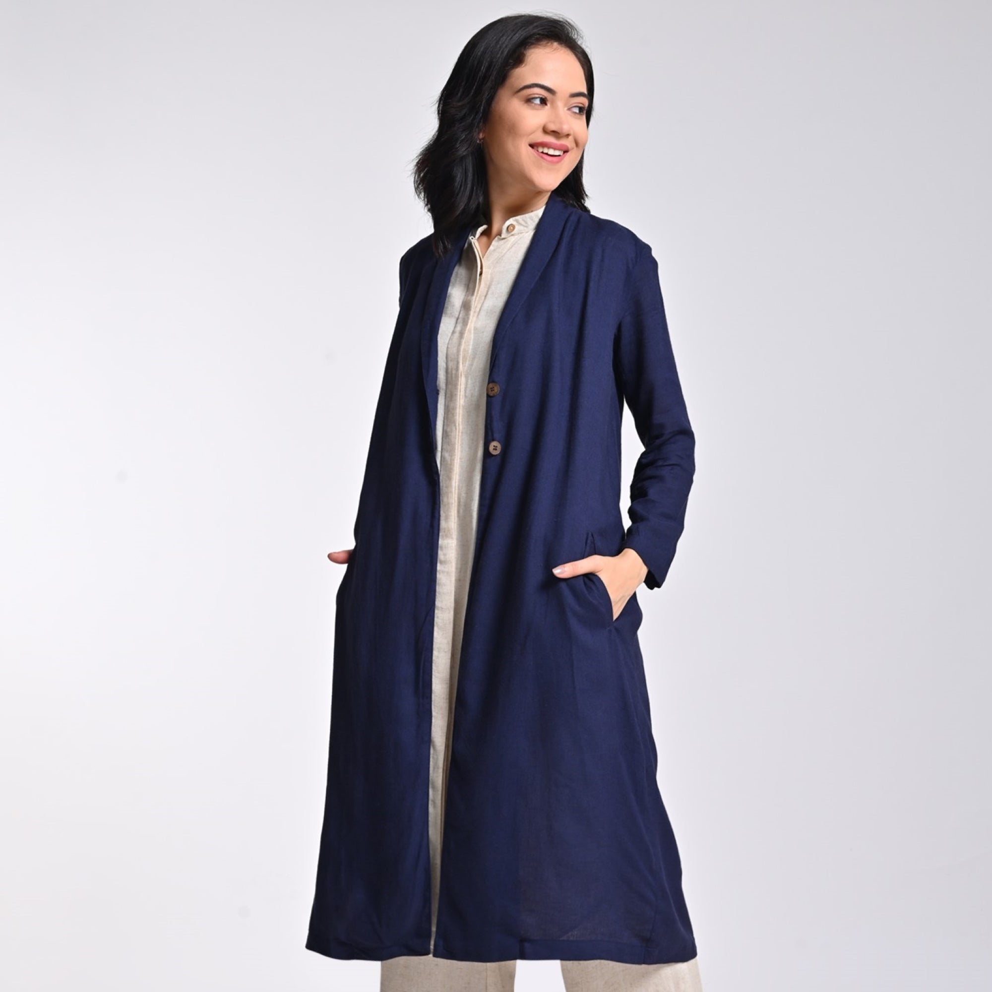 Saltpetre Women Single Breasted Solid Navy Blue Long Shrug Formal Wear - Organic Cotton, Linen,Tencel Saltpetre Women Single Breasted Solid Navy Blue Long Shrug Formal Wear - Organic Cotton, Linen,Tencel