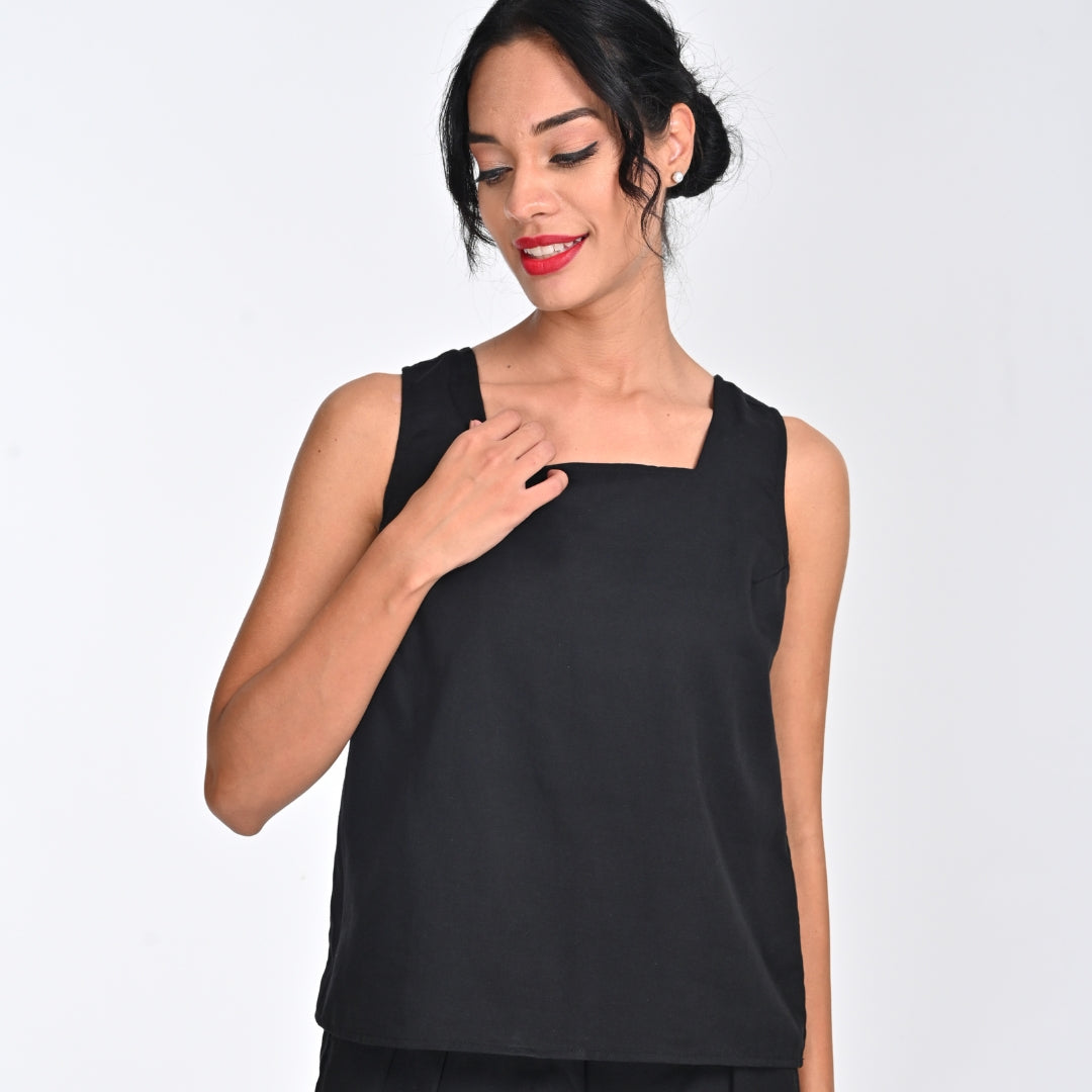 Saltpetre Women Sleeveless Square Neck Top In Natural Black For Formal Or Casual Wear Organic Cotton