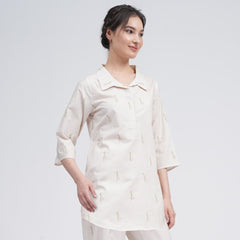 Skipper Collar Tunic Set Of 2 - Tunic & Pants - Ecru block print