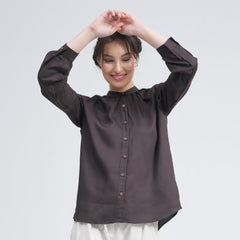 Shoji Gather Neck Top - Coffee Brown