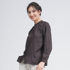 Shoji Gather Neck Top - Coffee Brown