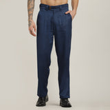 Baron Pants - Single Pleated - Loose Fit - Linen Blend - Navy Blue