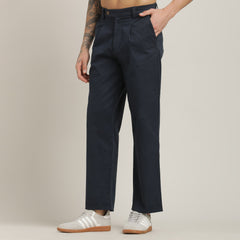 Aruku Pleated Chino Pants - Relaxed Fit - Cotton - Navy Blue