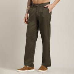 Aruku Pleated Chino Pants - Relaxed Fit - Cotton - Army Green