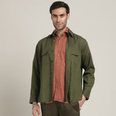 Utility Overshirt - Relaxed fit - Front Flap Pockets - Medium Weight Linen Blend Fabric – Olive Green