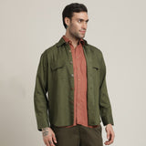 Utility Overshirt - Relaxed fit - Front Flap Pockets - Medium Weight Linen Blend Fabric – Olive Green