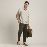 Summer Set Of 2 - Semi-Spread Collar  Half Sleeve Shirt & Relaxed Fit Pleated Chinos – Natural Grey & Army Green