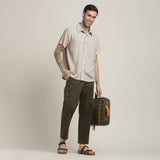 Summer Set Of 2 - Semi-Spread Collar Half Sleeve Shirt & Relaxed Fit Pleated Chinos – Natural Grey & Army Green