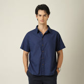 Summer Shirt - Relaxed Fit - Semi-Spread Collar - Linen Blend - Navy Blue