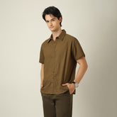Summer Shirt - Relaxed Fit - Semi-Spread Collar - Linen Blend - Olive Green
