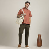 Summer Set Of 2 - Semi-Spread Collar  Half Sleeve Shirt & Relaxed Fit Pleated Chinos – Terracotta Brown & Army Green