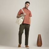Summer Set Of 2 - Semi-Spread Collar Half Sleeve Shirt & Relaxed Fit Pleated Chinos – Terracotta Brown & Army Green