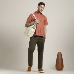 Summer Set Of 2 - Semi-Spread Collar  Half Sleeve Shirt & Relaxed Fit Pleated Chinos – Terracotta Brown & Army Green
