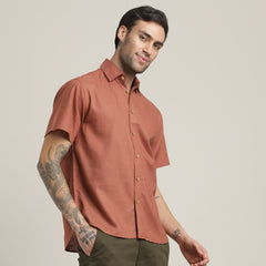 Summer Shirt - Relaxed Fit - Semi-Spread Collar - Linen Blend – Terracotta Brown