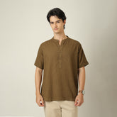 Drifter Shirt - Relaxed Fit - Mandarin Collar - Roll-Up Sleeves With Tabs - Cotton Linen - Olive Green