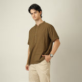 Drifter Shirt - Relaxed Fit - Mandarin Collar - Roll-Up Sleeves With Tabs - Cotton Linen - Olive Green