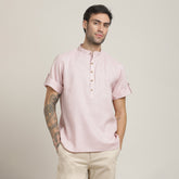 Drifter Shirt - Relaxed Fit - Mandarin Collar - Roll-Up Sleeves With Tabs - Cotton Linen – Pastel Pink
