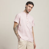 Drifter Shirt - Relaxed Fit - Mandarin Collar - Roll-Up Sleeves With Tabs - Cotton Linen – Pastel Pink