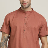 Drifter Shirt - Relaxed Fit - Mandarin Collar - Roll-Up Sleeves With Tabs - Cotton Linen – Terracotta Brown