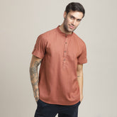 Drifter Shirt - Relaxed Fit - Mandarin Collar - Roll-Up Sleeves With Tabs - Cotton Linen – Terracotta Brown