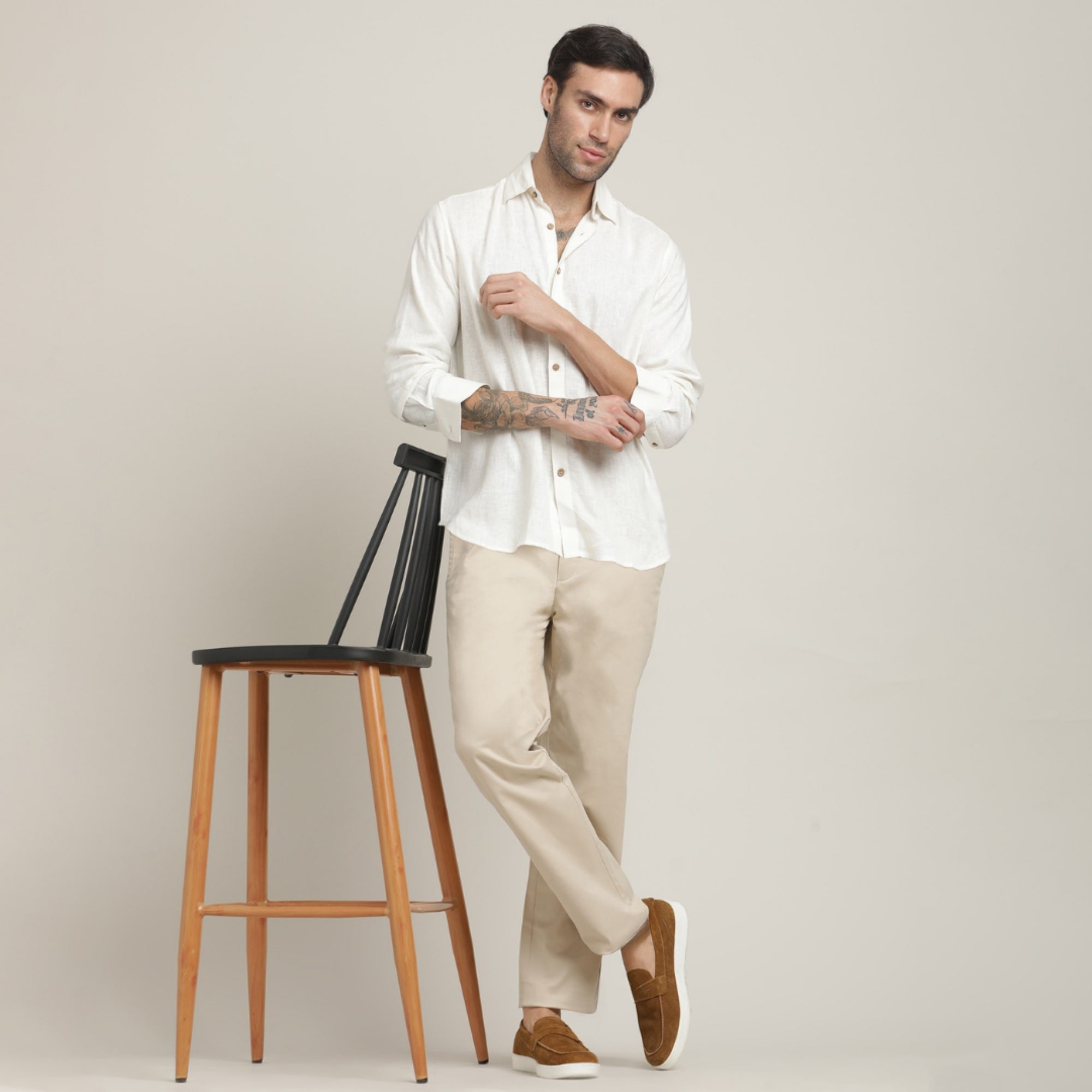 Saltpetre Men's 2-Piece Set Off White Organic Relaxed Shirt & Beige Chinos Saltpetre Men's 2-Piece Set Off White Organic Relaxed Shirt & Beige Chinos