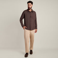 Bloome' Limited Edition Set Of 2 - Soft Linen Button Down Shirt With Contrast Embroidery - Cotton Chino Pants - Coffee Brown & Beige