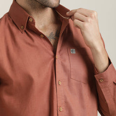 Hugh Button Down Shirt - Regular Fit - Cotton Linen - Terracotta Brown