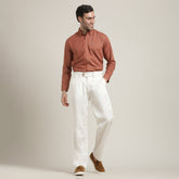Hugh Set Of 2 - Regular Fit Button-Down Shirt In Cotton Linen & Single Pleated Loose Fit Pants – Terracotta Brown & Ecru