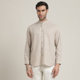 Viceroy Shirt - Regular Fit - Mandarin Collar - 3 Statement Loop Buttons - Linen Cotton - Natural Grey