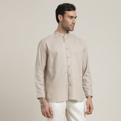 Viceroy Shirt - Regular Fit - Mandarin Collar - 3 Statement Loop Buttons - Linen Cotton - Natural Grey