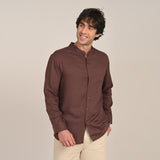 Field Shirt - Relaxed Fit - Mandarin Collar - Linen Blend Coffee Brown
