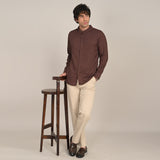 Field Shirt - Relaxed Fit - Mandarin Collar - Linen Blend Coffee Brown