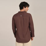Field Shirt - Relaxed Fit - Mandarin Collar - Linen Blend Coffee Brown