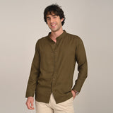 Field Shirt - Relaxed Fit - Mandarin Collar - Linen Blend Olive Green