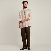 Solora Limited Edition Set Of 2 - Soft Linen Mandarin Collar Half Placket Shirt With Contrast Embroidery - Cotton Chino Pants - Beige & Army Green