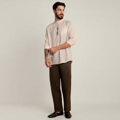Solora Limited Edition Set Of 2 - Soft Linen Mandarin Collar Half Placket Shirt With Contrast Embroidery - Cotton Chino Pants - Beige & Army Green