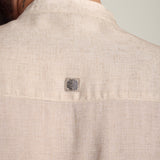 Solora Limited Edition Set Of 2 - Soft Linen Mandarin Collar Half Placket Shirt With Contrast Embroidery - Cotton Chino Pants - Beige & Army Green