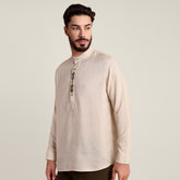 Solora Limited Edition Mandarin Collar Half Placket Shirt - Relaxed Fit - Diamond Popover Placket - Soft Linen – Beige With Contrast Embroidery