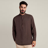 Solora Limited Edition Mandarin Collar Half Placket Shirt - Relaxed Fit - Diamond Popover Placket - Soft Linen – Coffee Brown With Tonal Embroidery