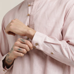 Iki Set of 2 – Regular Fit Mandarin Collar Shirt With Popover Placket & Loop Closure Paired With Relaxed Fit Straight Leg Chinos – Pastel Pink & Navy Blue