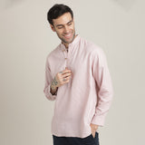Iki Set of 2 - Regular Fit Mandarin Collar Shirt With Popover Placket & Loop Closure Paired With Relaxed Fit Straight Leg Chinos – Pastel Pink & Navy Blue