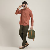 Iki Set of 2 – Regular Fit Mandarin Collar Shirt With Popover Placket & Loop Closure Paired With Relaxed Fit Straight Leg Chinos – Terracotta Brown &  Army Green