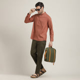 Iki Set of 2 - Regular Fit Mandarin Collar Shirt With Popover Placket & Loop Closure Paired With Relaxed Fit Straight Leg Chinos – Terracotta Brown & Army Green