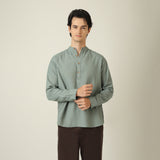 Indrazen Shirt - Relaxed Fit - Mandarin Collar - Diamond Popover Placket - Linen Blend Agave Green