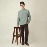 Indrazen Set of 2 - Mandarin Collar Diamond Popover Placket Shirt & Pleated Chinos – Agave Green & Coffee Brown