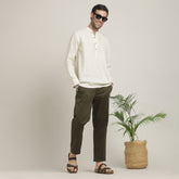 Indrazen Set of 2 – Mandarin Collar Diamond Popover Placket Shirt & Pleated Chinos – Beige &  Army Green