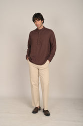 Indrazen Shirt - Relaxed Fit - Mandarin Collar - Diamond Popover Placket - Linen Blend – Coffee Brown