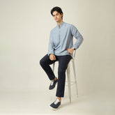 Indrazen Set of 2 - Mandarin Collar Diamond Popover Placket Shirt & Pleated Chinos – Dusty Blue & Navy Blue